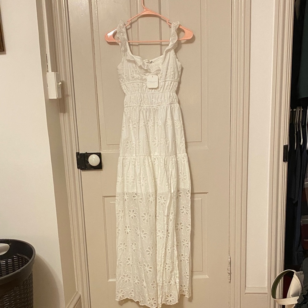 Altar'd State White Eyelet Ruffle-Strap Maxi Dress